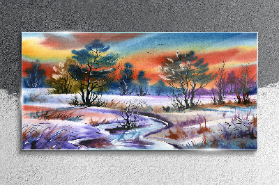 Winter landscape in rainbow colors Glass Print