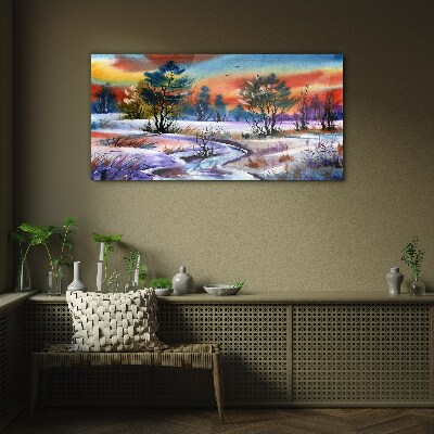 Winter landscape in rainbow colors Glass Print