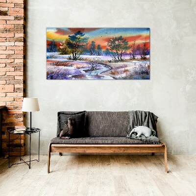 Winter landscape in rainbow colors Glass Print
