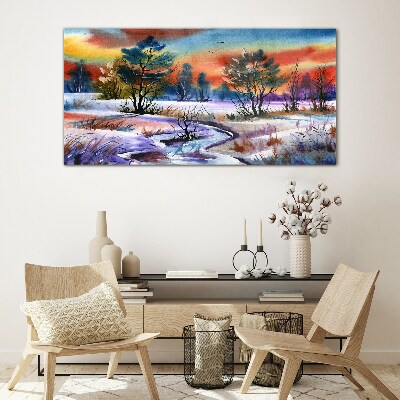 Winter landscape in rainbow colors Glass Print