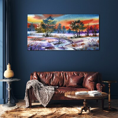 Winter landscape in rainbow colors Glass Print