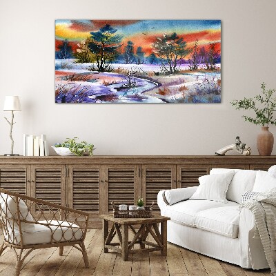 Winter landscape in rainbow colors Glass Print