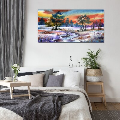 Winter landscape in rainbow colors Glass Print