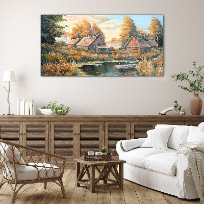 Painting nature forest hut Glass Print
