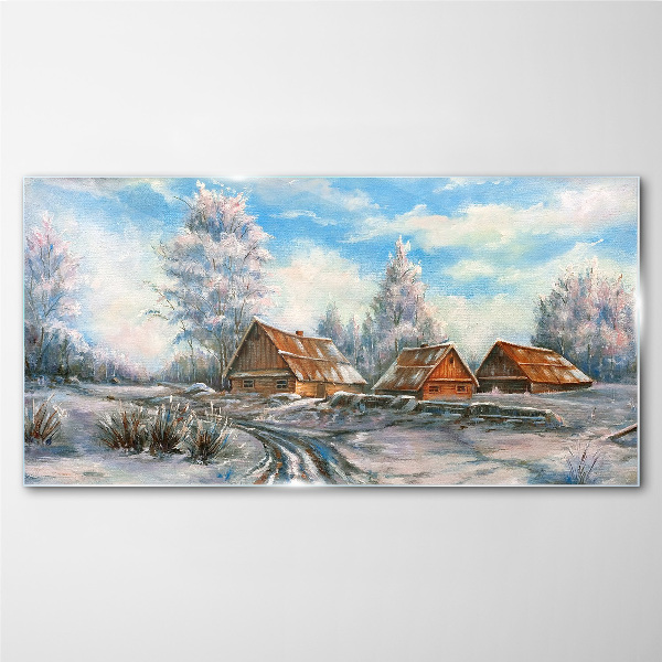 Winter landscape with cottages Glass Print