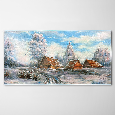 Winter landscape with cottages Glass Print