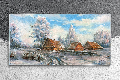 Winter landscape with cottages Glass Print