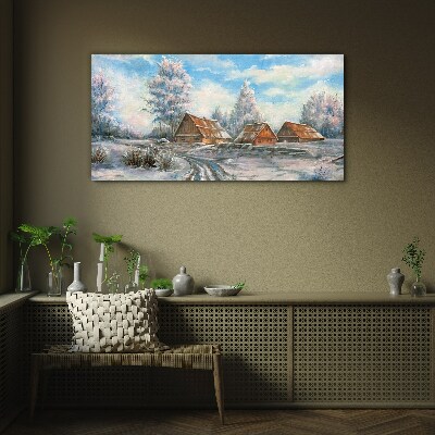 Winter landscape with cottages Glass Print