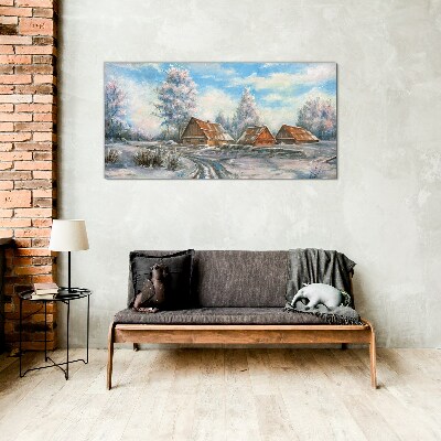 Winter landscape with cottages Glass Print