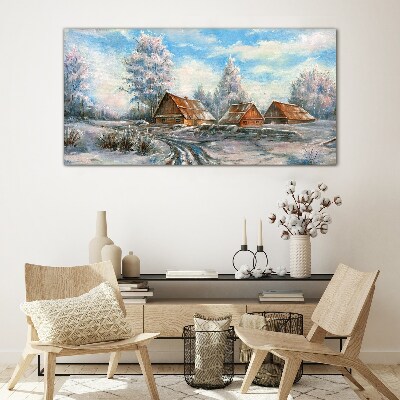 Winter landscape with cottages Glass Print
