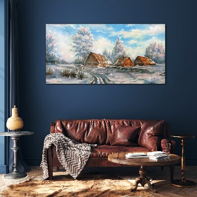 Winter landscape with cottages Glass Print