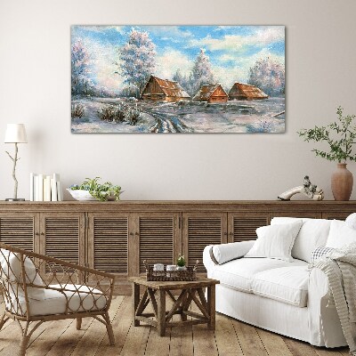 Winter landscape with cottages Glass Print