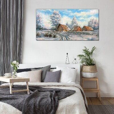 Winter landscape with cottages Glass Print