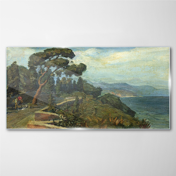 Seaside landscape with a tree Glass Print