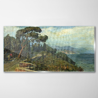 Seaside landscape with a tree Glass Print