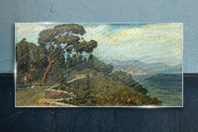 Seaside landscape with a tree Glass Print