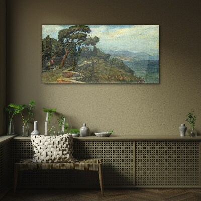 Seaside landscape with a tree Glass Print