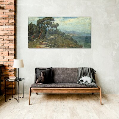 Seaside landscape with a tree Glass Print