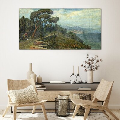 Seaside landscape with a tree Glass Print