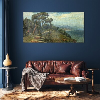 Seaside landscape with a tree Glass Print