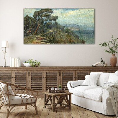 Seaside landscape with a tree Glass Print