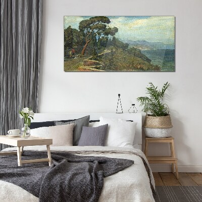 Seaside landscape with a tree Glass Print