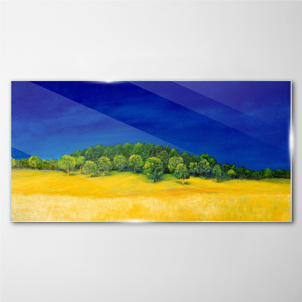 Golden fields under blue sky Glass Print