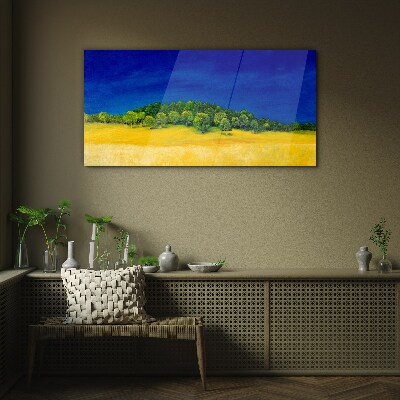 Golden fields under blue sky Glass Print