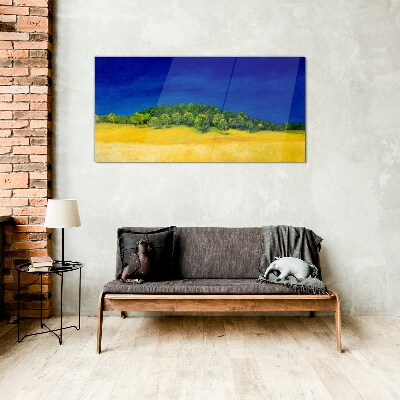 Golden fields under blue sky Glass Print