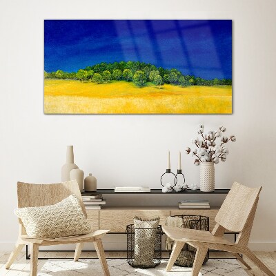 Golden fields under blue sky Glass Print