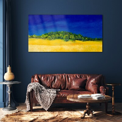 Golden fields under blue sky Glass Print