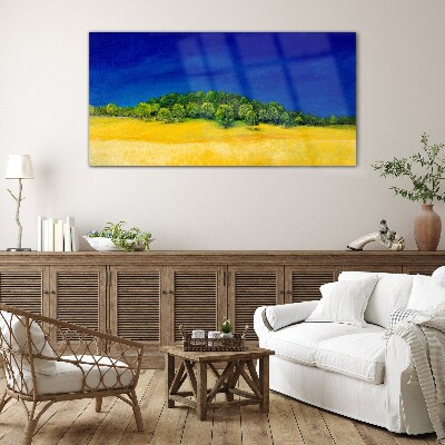 Golden fields under blue sky Glass Print