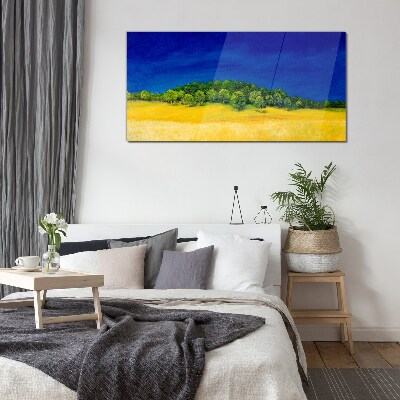 Golden fields under blue sky Glass Print