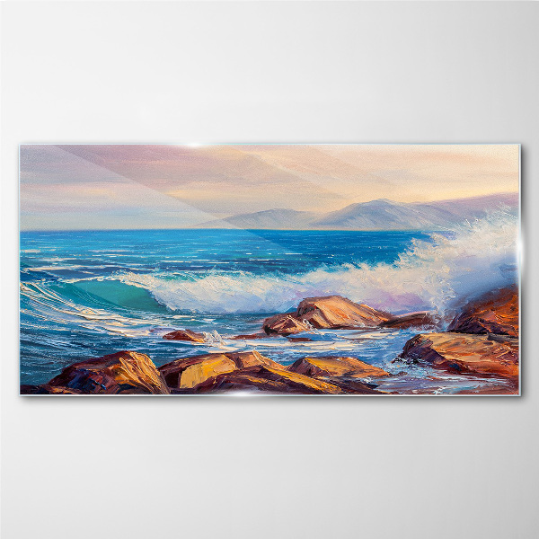 Waves on the coast at sunset Glass Print