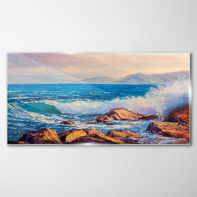 Waves on the coast at sunset Glass Print