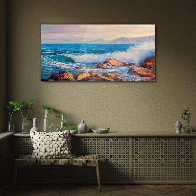Waves on the coast at sunset Glass Print