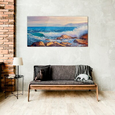Waves on the coast at sunset Glass Print