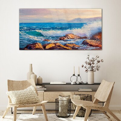 Waves on the coast at sunset Glass Print