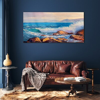 Waves on the coast at sunset Glass Print