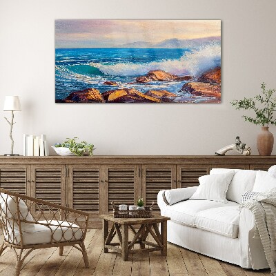 Waves on the coast at sunset Glass Print