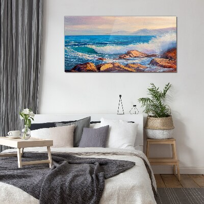 Waves on the coast at sunset Glass Print