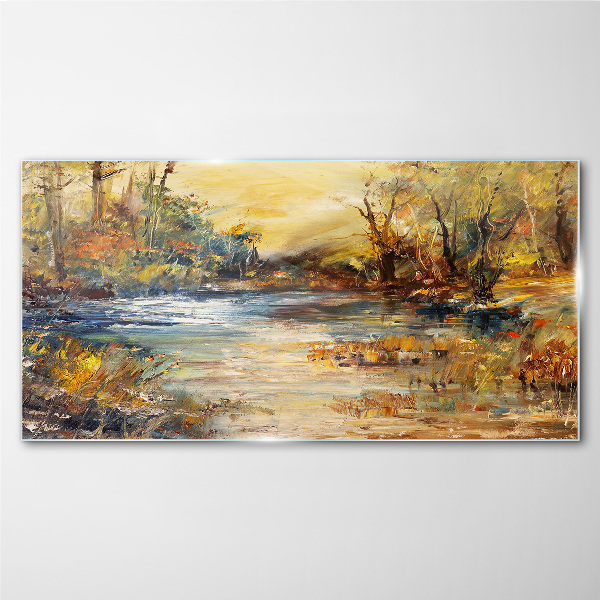 Autumn river in golden colors Glass Wall Art