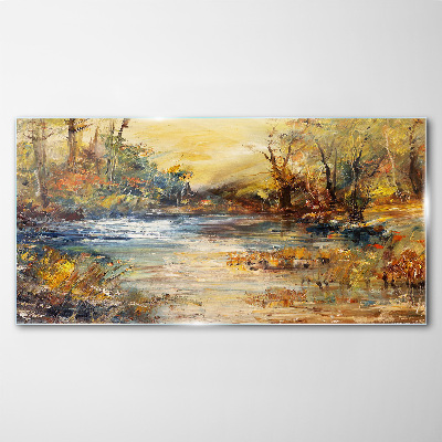 Autumn river in golden colors Glass Wall Art