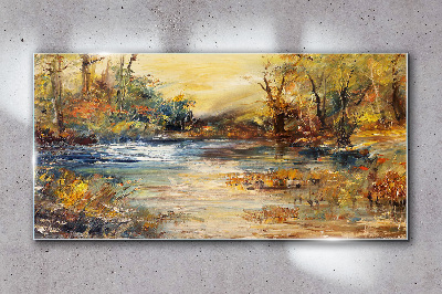 Autumn river in golden colors Glass Wall Art