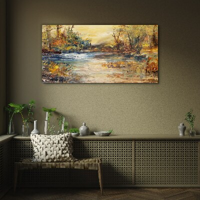 Autumn river in golden colors Glass Wall Art