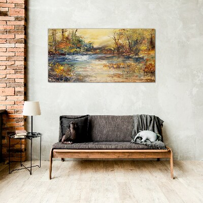 Autumn river in golden colors Glass Wall Art