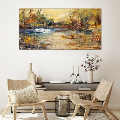 Autumn river in golden colors Glass Wall Art