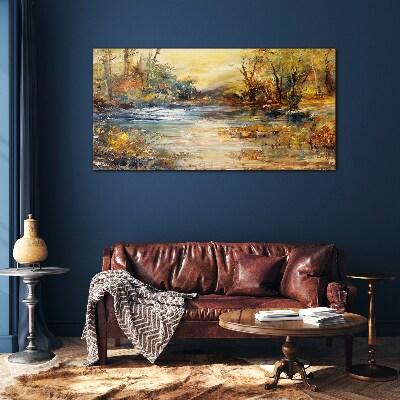 Autumn river in golden colors Glass Wall Art