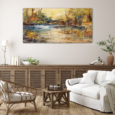Autumn river in golden colors Glass Wall Art