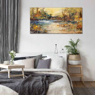 Autumn river in golden colors Glass Wall Art